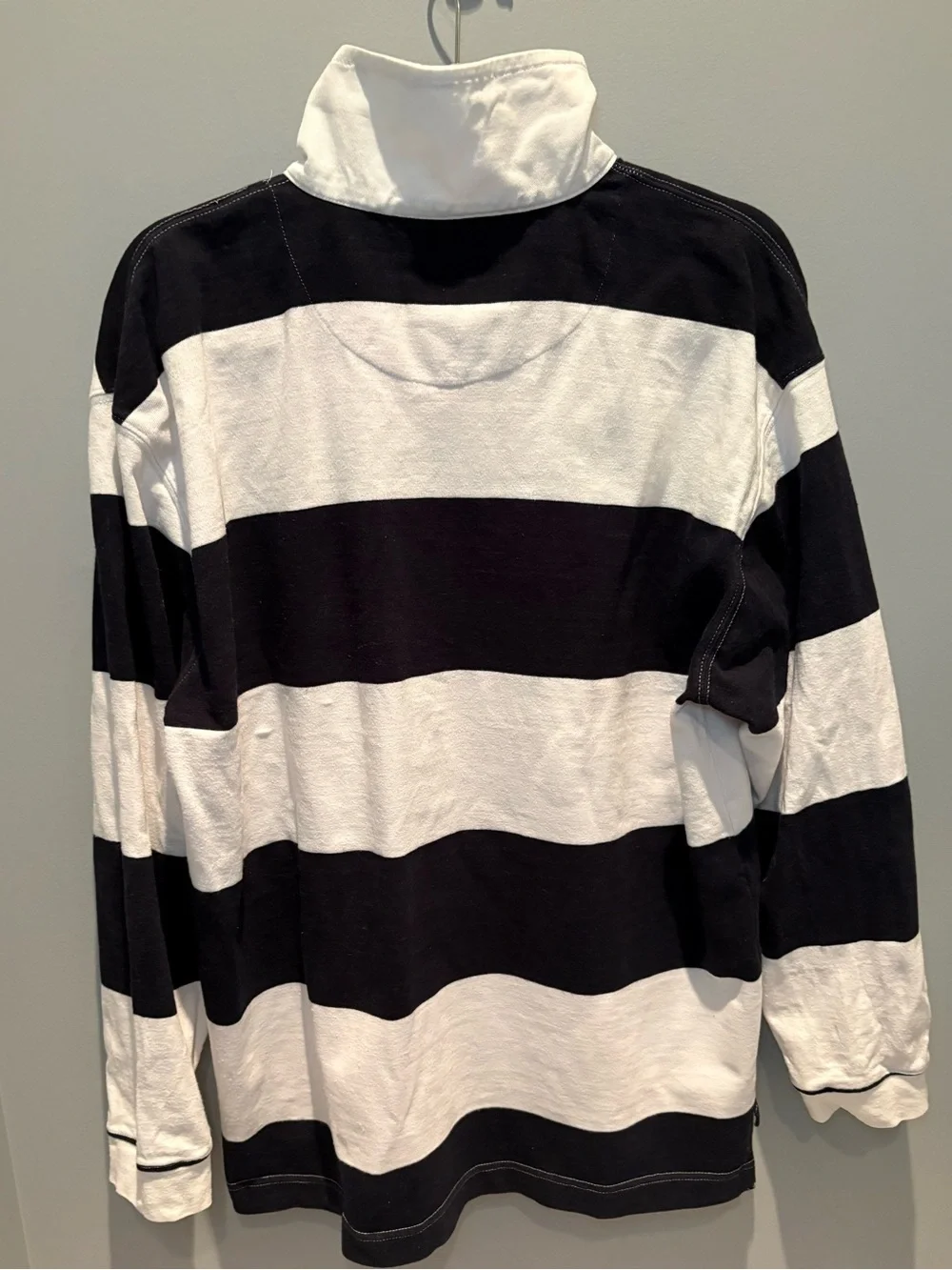 Mens Rugby Shirt Large Black White Striped Preppy Blokecore Long Sleeve Polo - Picture 7 of 9